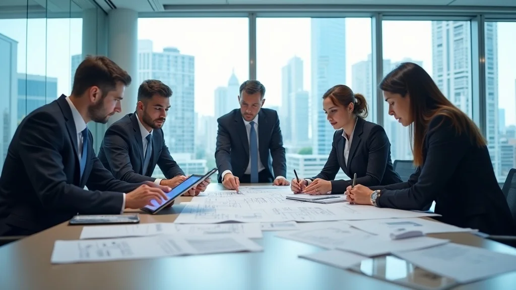 Professional business team discussing commercial construction plans, collaborating over blueprints and tablets for selecting a commercial contractor