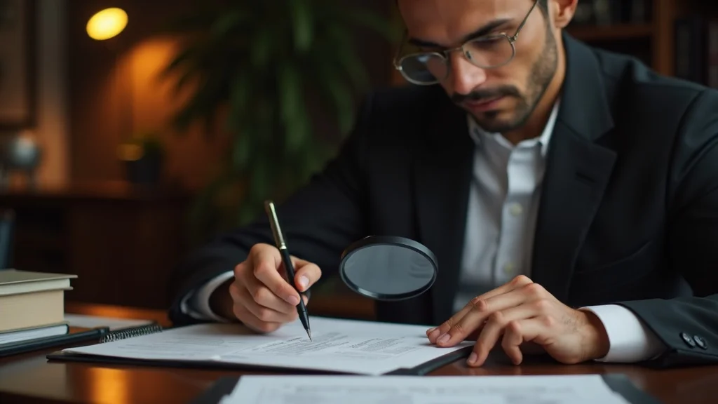 tenant improvement checklist, real estate lawyer reviewing checklist documents with magnifying glass and pen, office, photorealistic