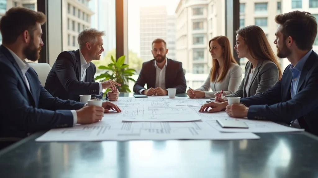 tenant improvement schedule being discussed by a modern office team planning a tenant improvement project with architectural blueprints and professionals collaborating at a table