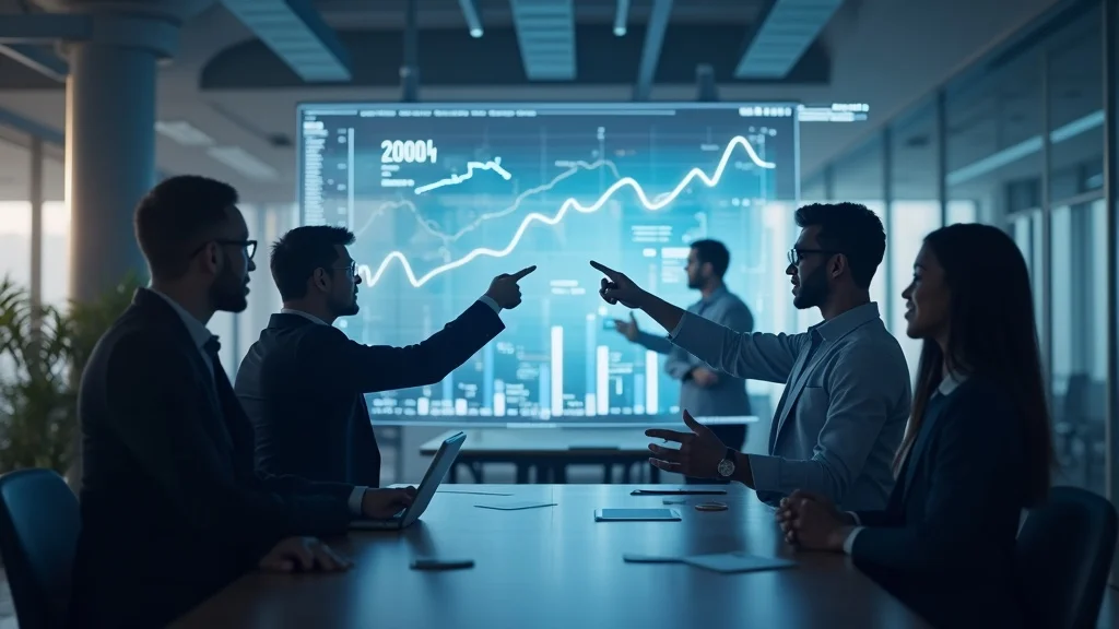 construction change orders tenant improvement - Diverse businesspeople discussing a digital chart with percentage increases, collaborative atmosphere, modern open office, architectural plans and screens, motion of pointing hands and moving graphs, photorealistic, high texture quality, realistic depth of field, blue-gray and neutral tones, soft diffused lighting, 50mm prime lens.