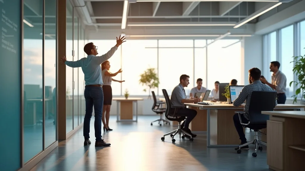 Project manager and construction foreman discussing office tenant improvement over digital plans in an active build-out