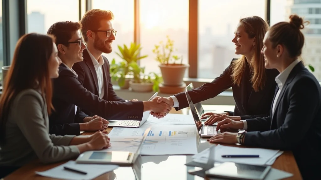 Business team discussing shell space vs second generation office space lease, confident and optimistic, sunlit office conference room, photorealistic