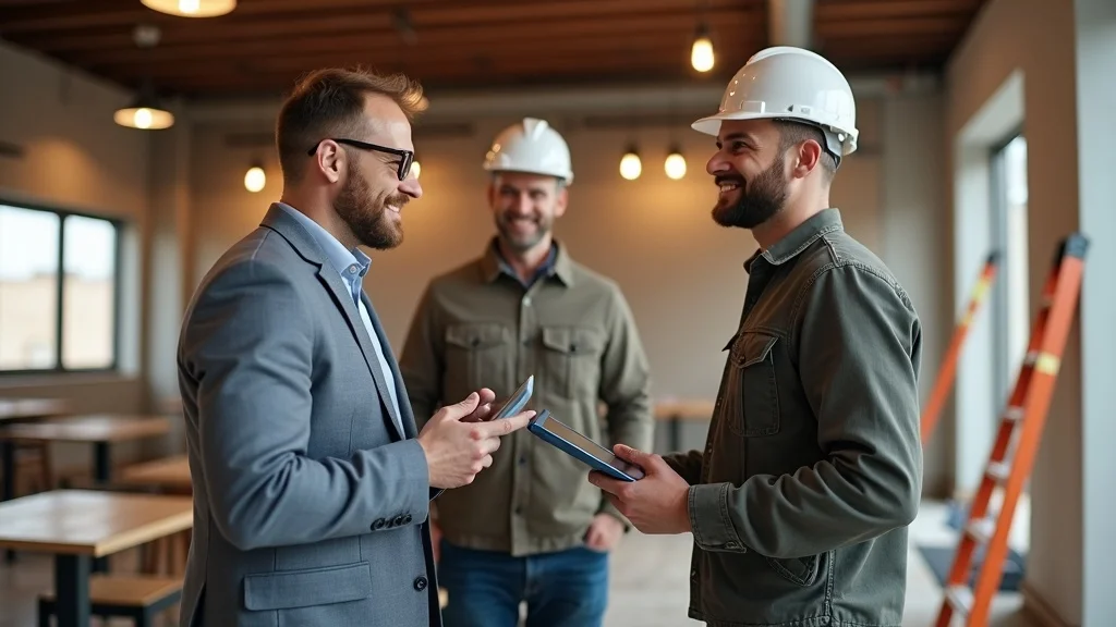 restaurant tenant improvement: Project manager and workers inspecting a partially completed restaurant dining room during renovation