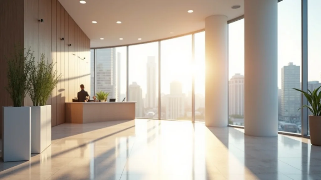 Modern office building lobby with shell space and second generation space features, photorealistic, sunlit, in downtown cityscape