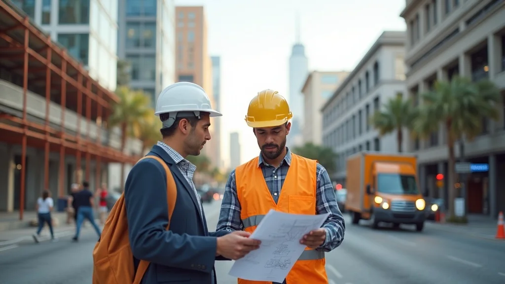 General contractor and manager review plans on a busy downtown LA street, addressing metro tenant improvement process challenges