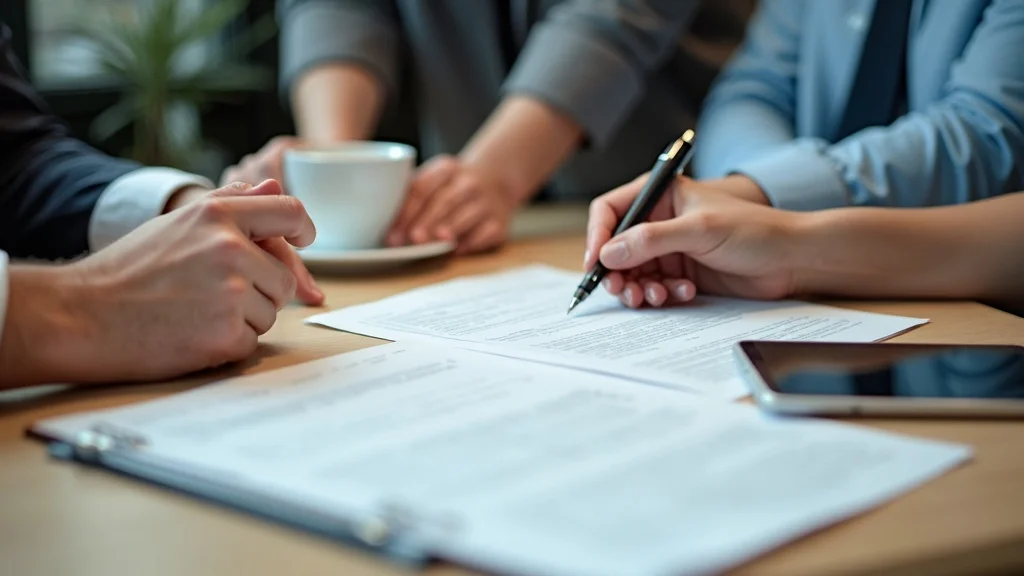 tenant improvement lease negotiation close-up of hands marking a contract at a wooden desk