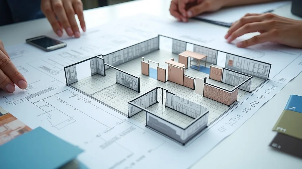 retail tenant improvement architectural diagram highlighting tenant improvement stages, blueprints, and material samples