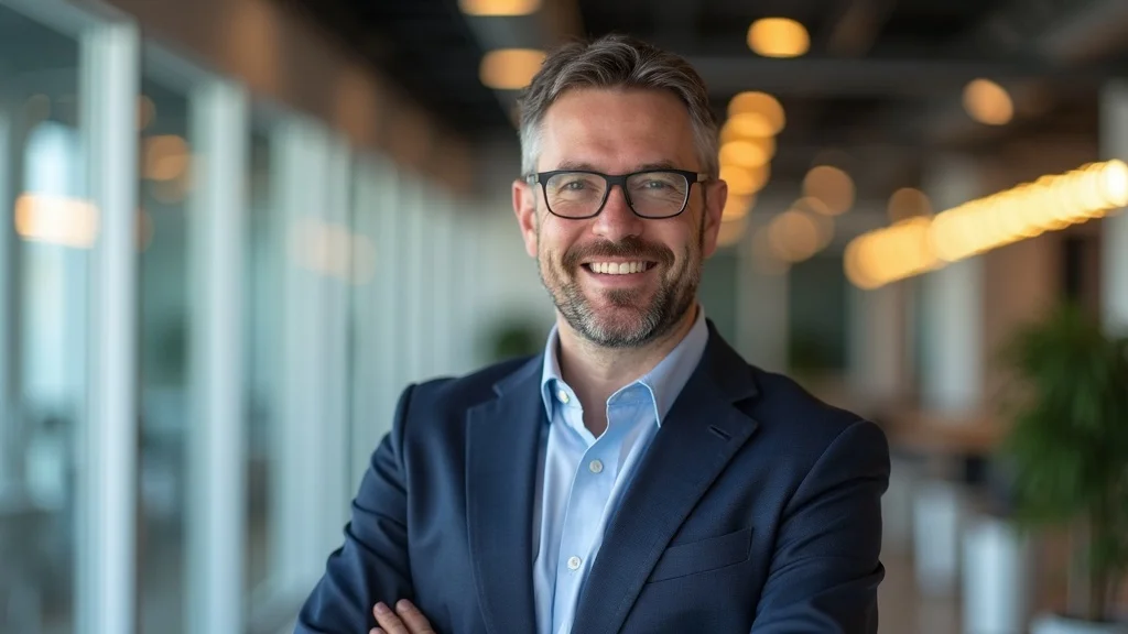 Happy property manager standing confidently in newly value-engineered commercial interior with modern lighting and partitions