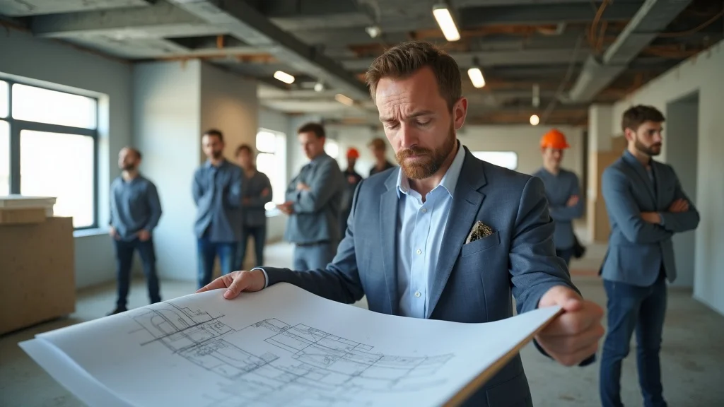 Modern office renovation underway with project manager reviewing plans—a practical tenant improvement scope of work example