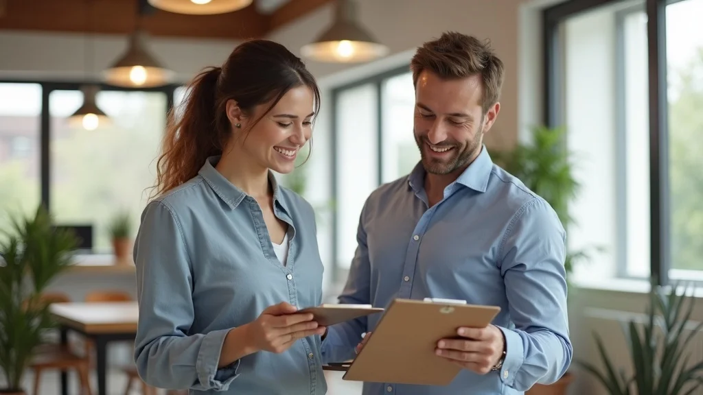 Confident business owner reviewing a completed checklist with a commercial contractor in a finished tenant improvement office