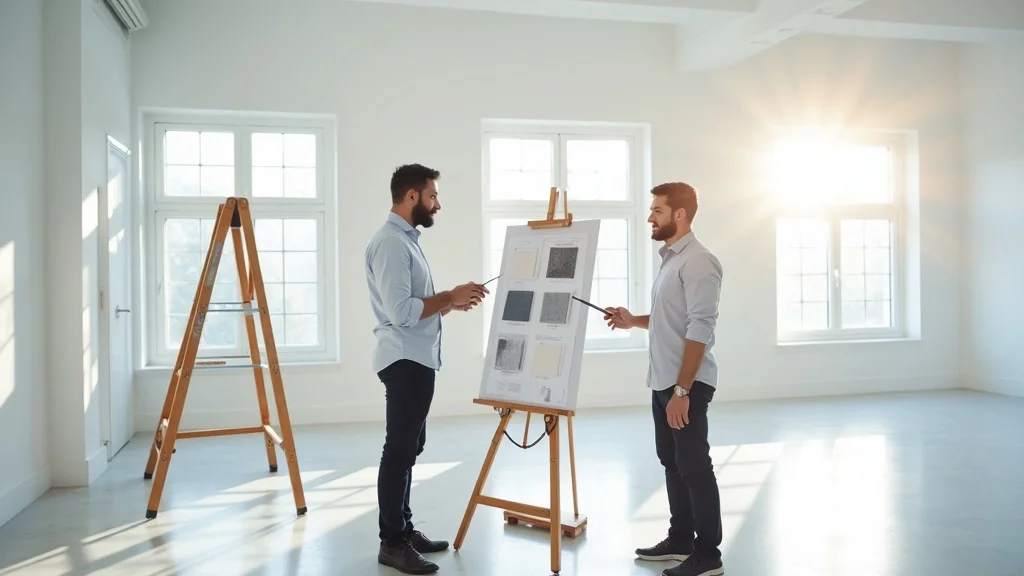 Professionals and architects reviewing blueprints for office tenant improvement in a modern renovation