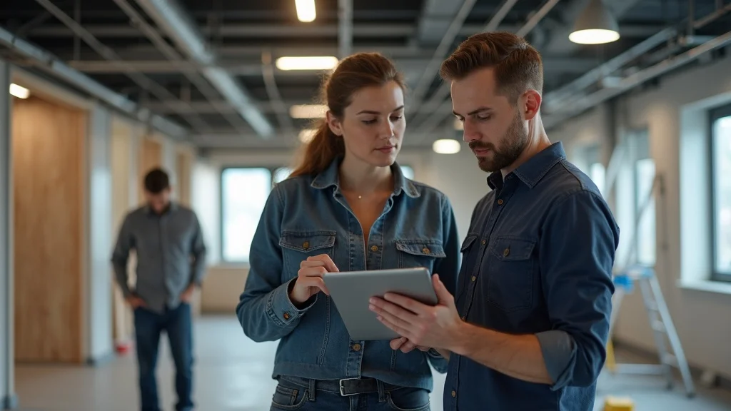 Business owner and architect reviewing vision board in freshly painted commercial office space before tenant improvement