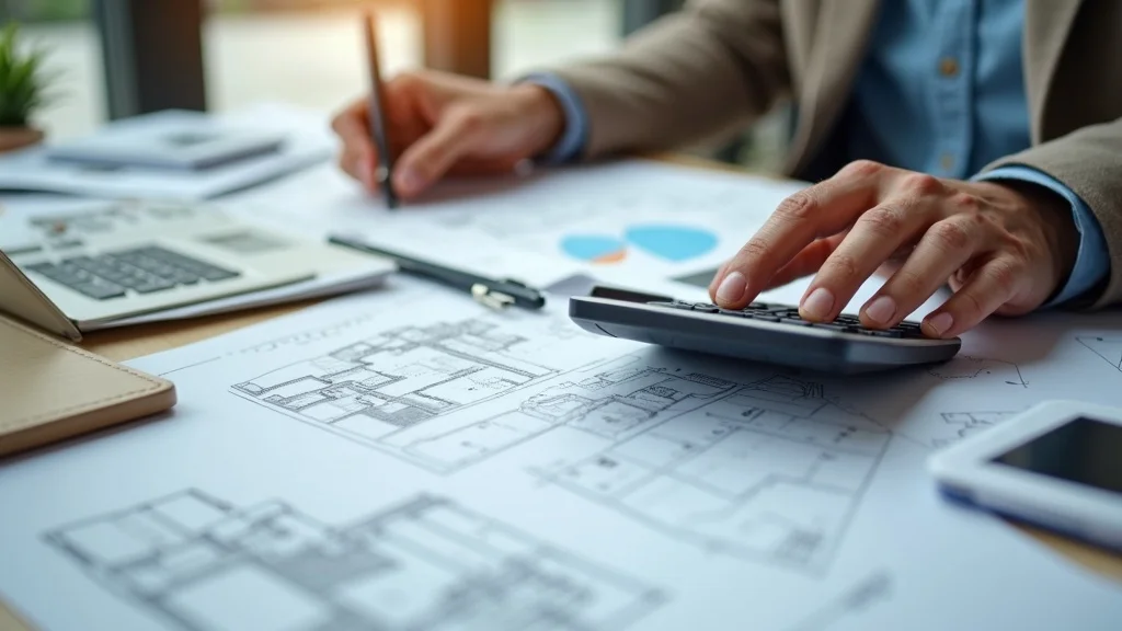 Hands calculating tenant improvement costs with calculator and architectural plans in office
