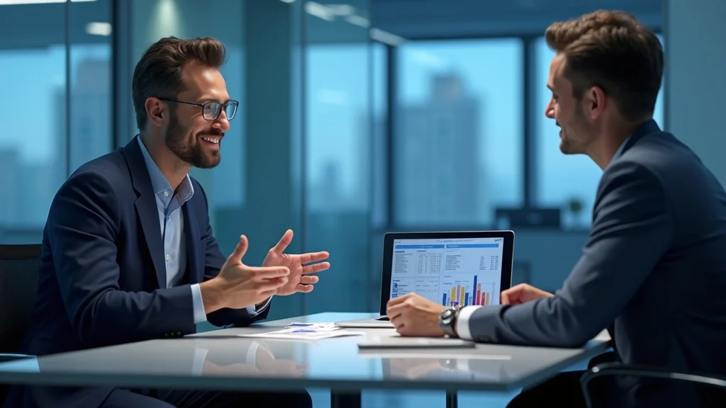 Confident tenant and landlord negotiating tenant improvement allowance over legal documents in a conference room