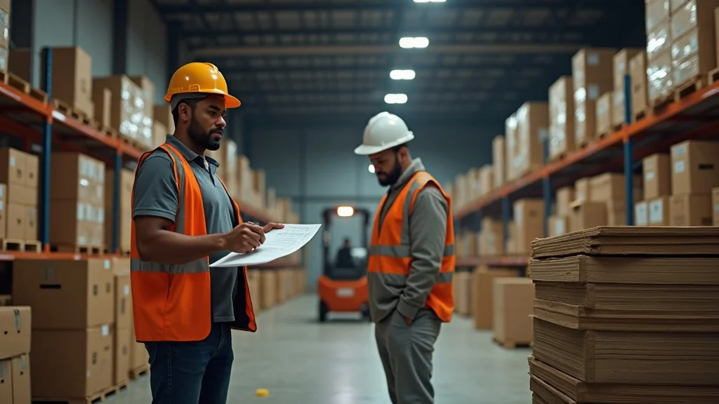 project coordinator examining long-lead items for a tenant improvement project in a busy warehouse with contractors and industrial supplies