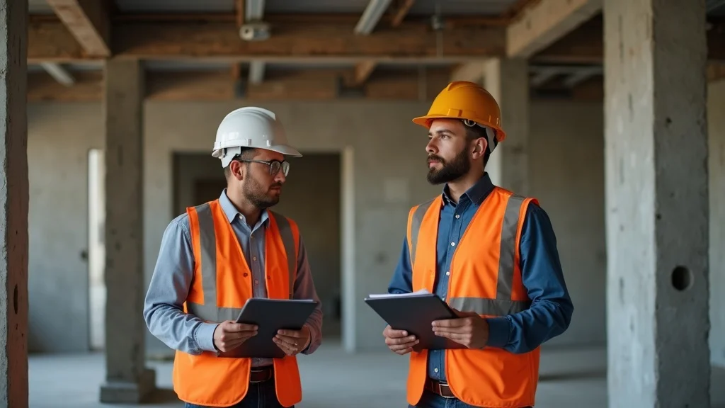 Shell space vs second generation office walkthrough with inspector and business tenant reviewing concrete floors, exposed beams, unfinished interior