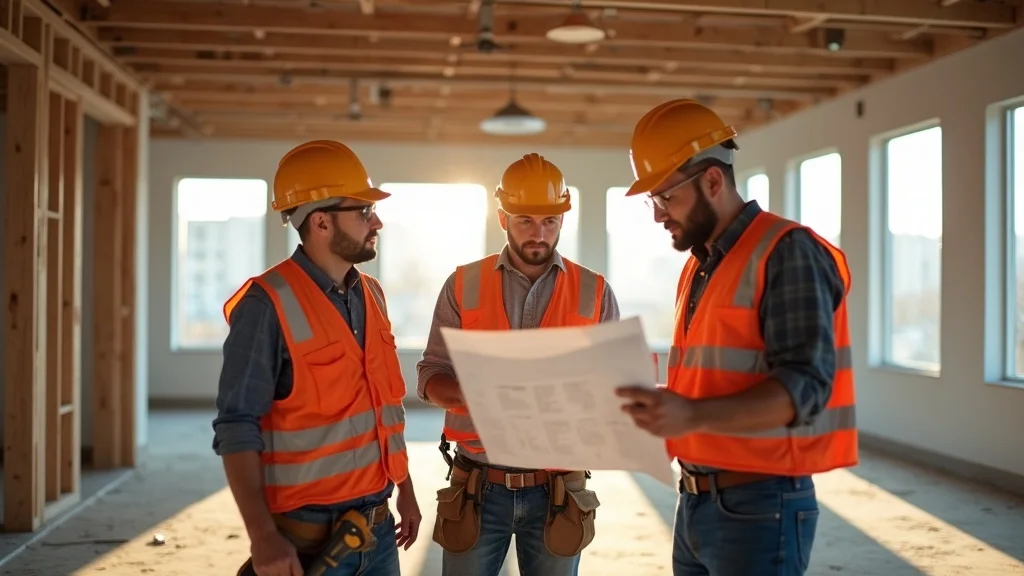 tenant improvement project construction phase - Workers and building professionals inspecting an open office renovation, reviewing blueprints, partially finished commercial space, framing and tools visible, dust particles in sunlight, purposeful motion, high realism, sharp textures, warm construction tones, vibrant PPE, directional sunlight, 24-70mm zoom lens.