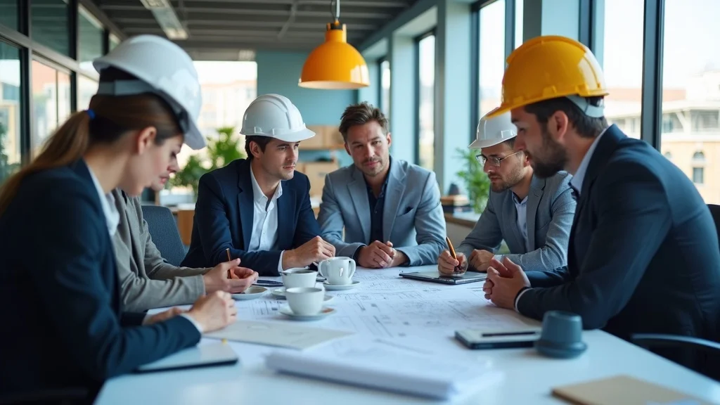 Modern commercial office construction site with professionals reviewing value engineering tenant improvement blueprints, collaborative discussion, city skyline visible