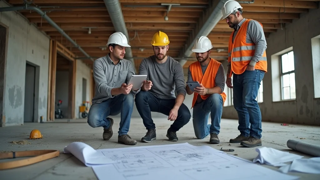 Project manager discussing value engineering tenant improvement strategies on commercial construction plans in a modern conference room