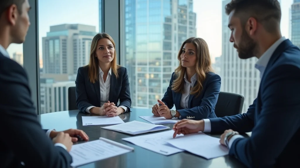change order questions - Building tenant in business attire discussing questions with general contractor and project manager, referencing digital checklist and construction drawings, photorealistic, glass meeting room, downtown LA view, turning pages, sharp focus, background blur, blue and earth tones, bright commercial lighting, 85mm lens.
