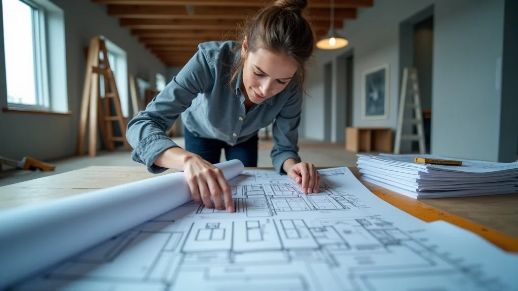 Architect reviews as-built drawings for construction closeout in partially finished office with construction documents and tape measure