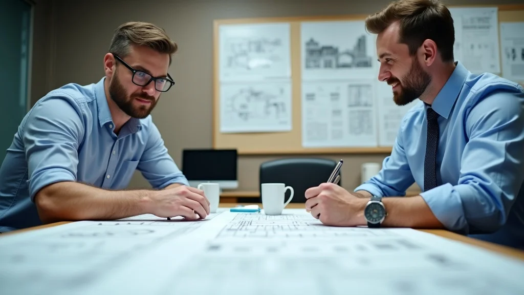 City plan reviewer and architect at plan review table with architectural blueprints; municipal permit review process, photorealistic
