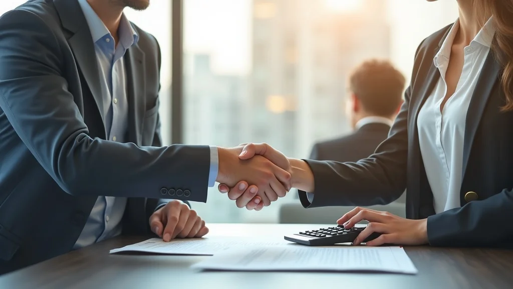 Commercial real estate agent and tenant negotiate tenant improvement allowance and lease agreement with handshake over contract paperwork