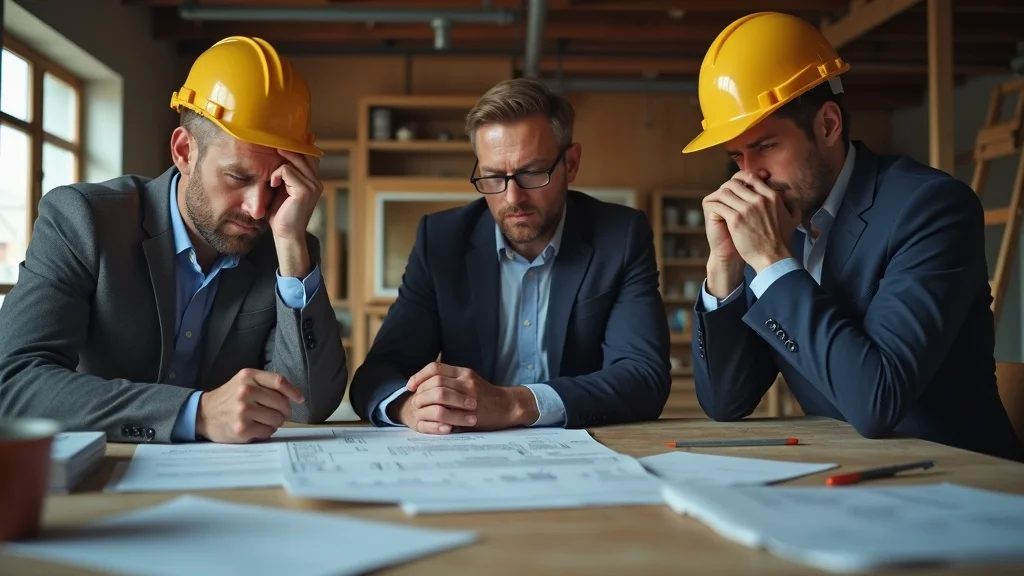 Tenant improvement pitfalls: concerned professionals reviewing a construction budget with surprise bills and halted work in a disorganized space.