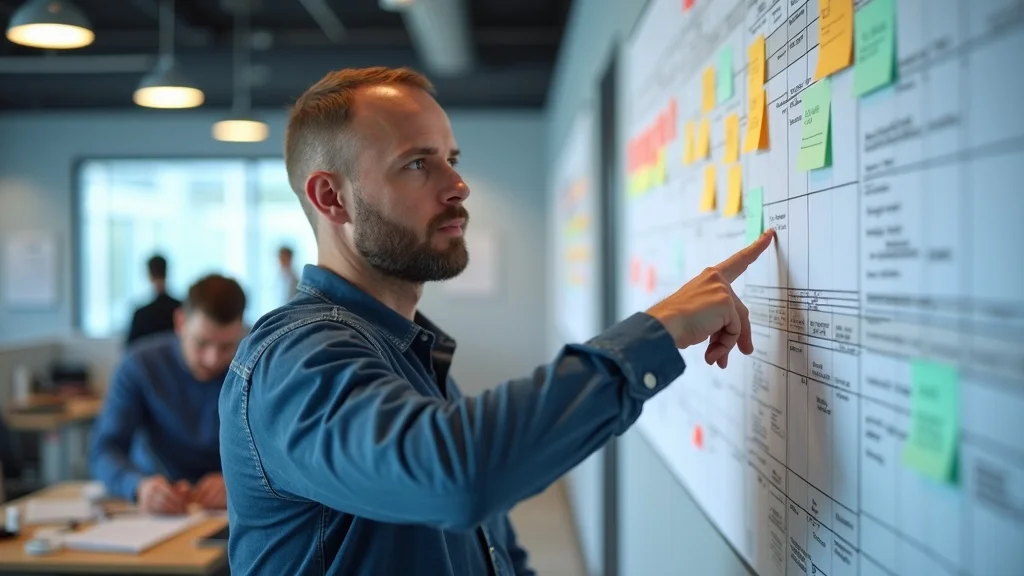 Construction manager points at commercial tenant improvement process project timeline with color-coded notes