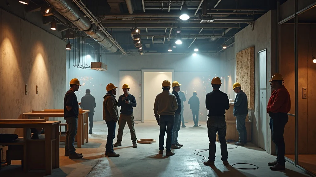 retail tenant improvement energetic construction site interior with workers installing fixtures and lighting in retail store buildout