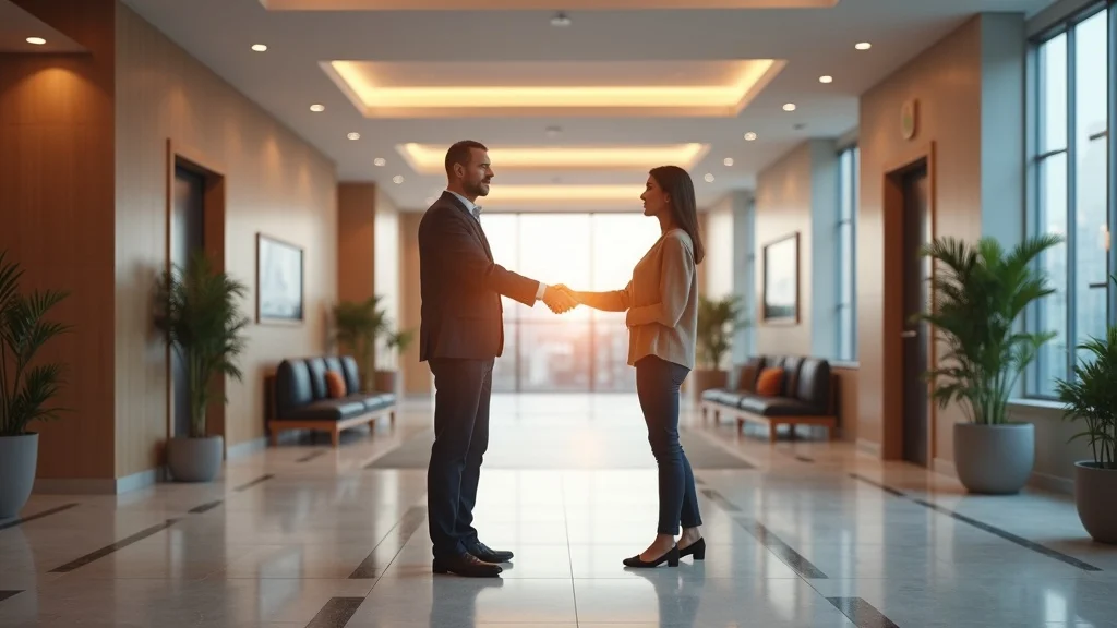 tenant improvement checklist, property owner and tenant inspecting future office lobby upgrade with 3D rendering, photorealistic
