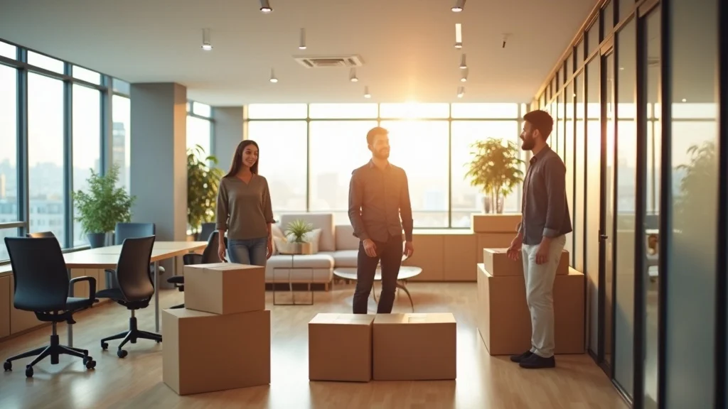 Modern office move-in after tenant improvement; tenant team unpacking furniture