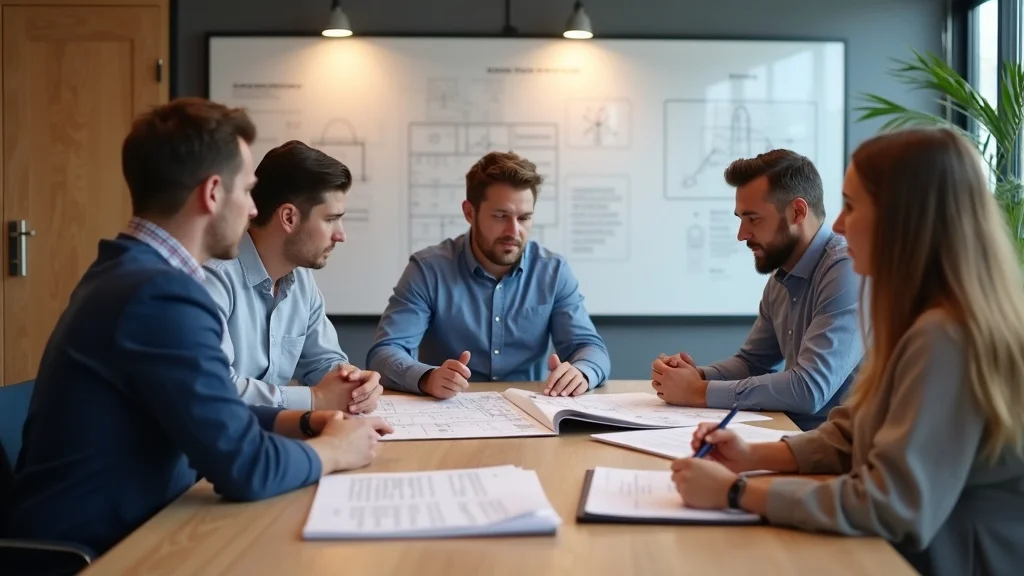 tenant improvement checklist, tenants and general contractor discussing project binder in renovated meeting room, photorealistic