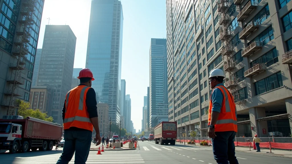 building engineers and property managers coordinating tenant improvement logistics at a busy metropolitan high-rise commercial real estate site