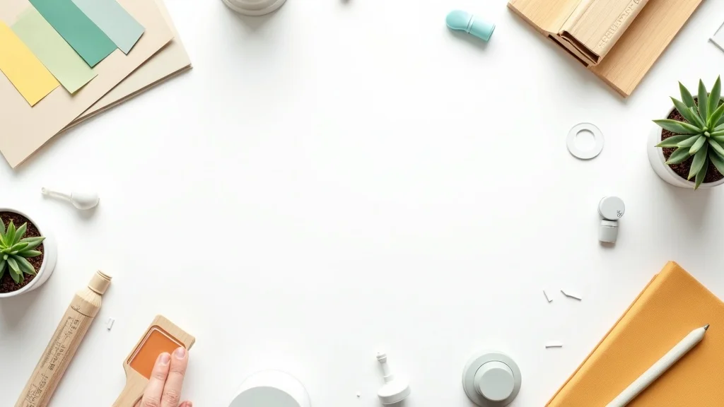 tenant improvement checklist, photorealistic icons for construction checklist items on white tabletop in bright layout