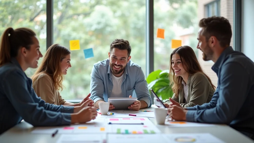 tenant improvement checklist, motivated project team meeting with checklists and tablets in collaborative workspace, photorealistic