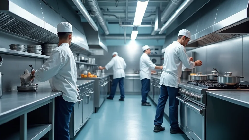 restaurant tenant improvement: Chef and engineers overseeing installation of kitchen equipment and visible ductwork in a new commercial kitchen