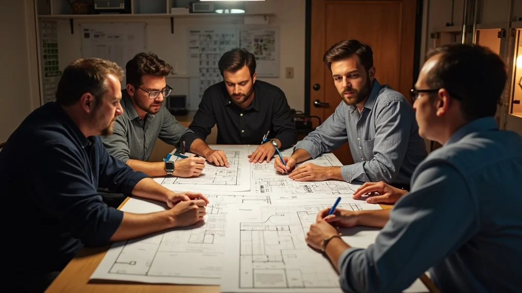 restaurant tenant improvement: MEP specialists consulting diagrams and blueprints in a backroom office of an unfinished restaurant