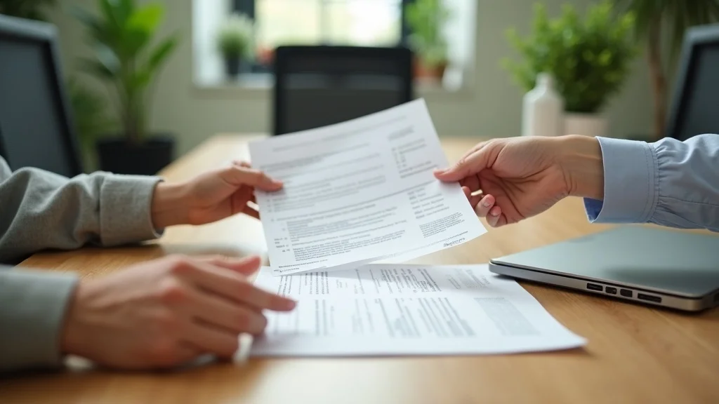 Professionals exchanging a printed construction closeout checklist in an office; checklist is ready to share.