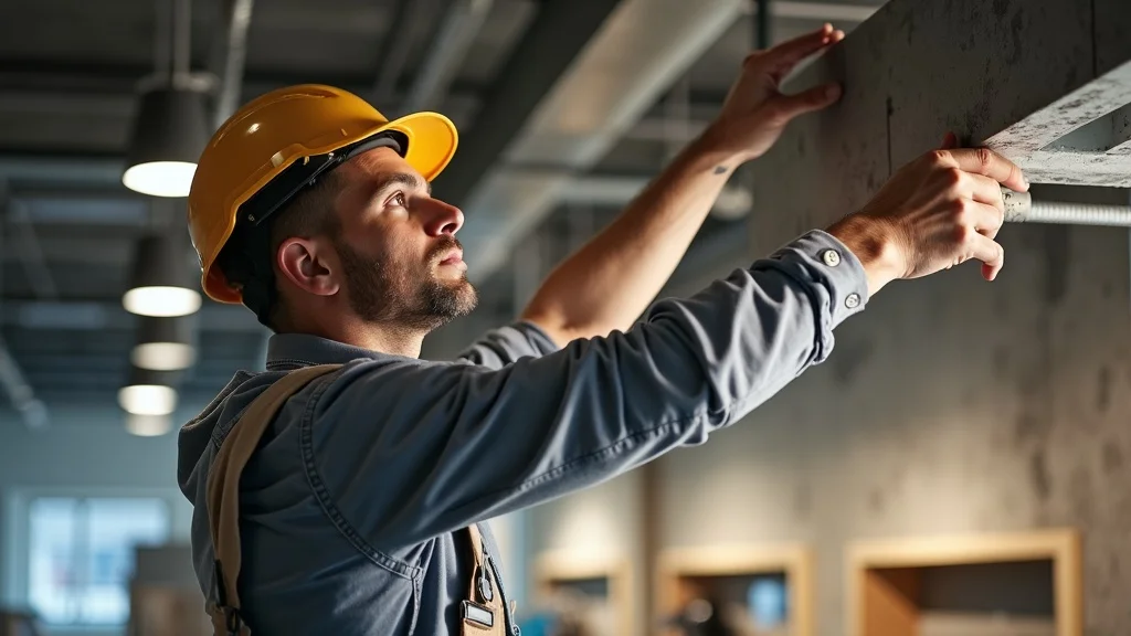 Professional contractor adjusting ceiling fixtures in retail buildout, tenant improvement cost per square foot in SoCal.
