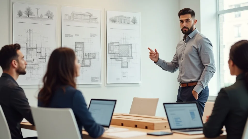 Team reviewing tenant improvement project blueprints in modern DTLA construction site with city views and digital plans