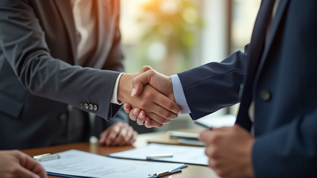 Optimistic business tenant shaking hands with broker after tenant improvement lease negotiation in LA.
