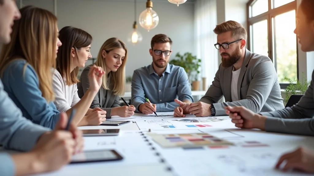 retail tenant improvement project team in design meeting reviewing checklists and floorplans, material samples