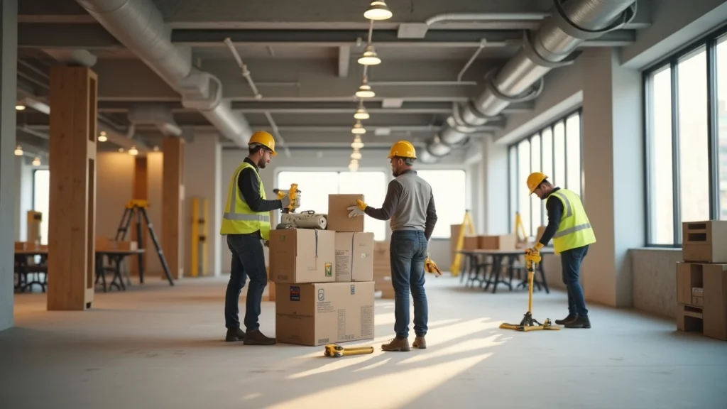 Modern office space under renovation representing downtown los angeles tenant improvement, showing construction workers, exposed ceilings, and organized tools.