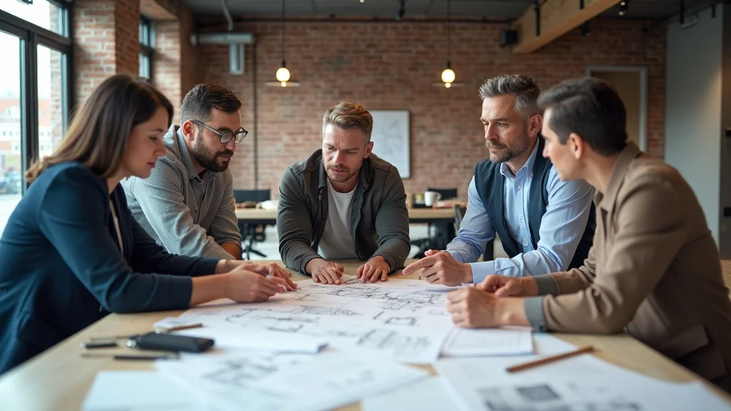 tenant improvement project meeting - General contractor, tenant, and landlord in design review, architectural plans on table, photorealistic, contemporary space, exposed brick and glass, dynamic layout with tools, coffee mugs, high detail, subtle textures, realistic skin tones, soft blues and urban neutrals, diffused ceiling lighting, 35mm lens.