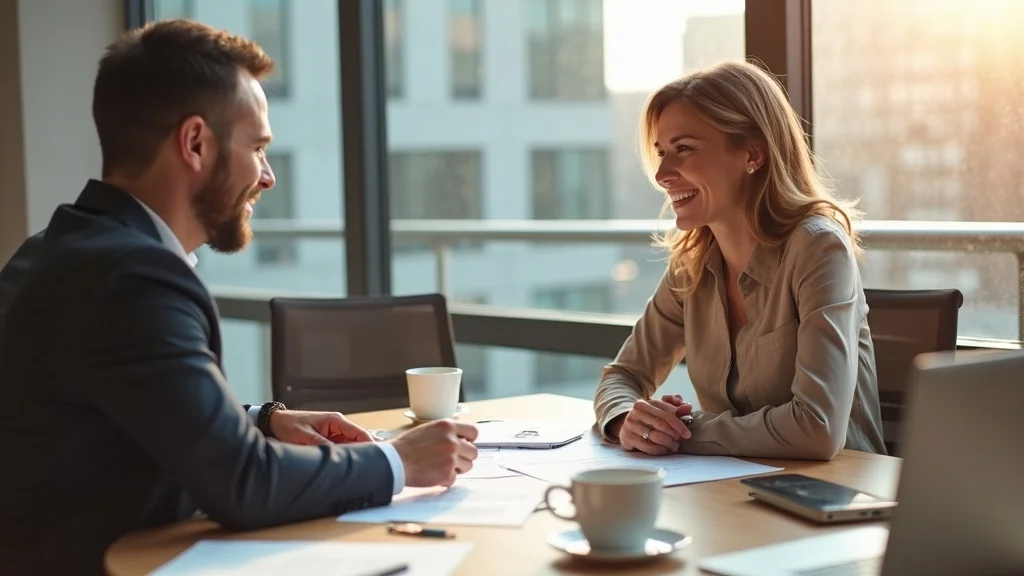 real estate broker retail tenant improvement lease review at modern office table, documents and coffee cups, city view outside
