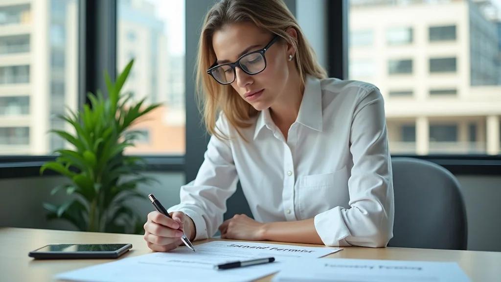 Professional reviewing stamped permit documents at a desk against urban construction backdrop; photorealistic office, tidy workspace, city building permit process