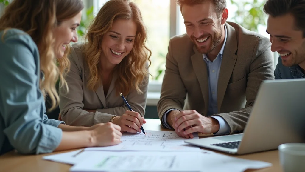 controlling change orders team collaboration - Project team around a checklist and laptop with project notes, satisfied and confident expressions, ticking off items, photorealistic, bright office, indoor plants, sunlit windows, dynamic pen and paper movement, highly detailed, muted modern palette, soft natural lighting, 35mm lens.