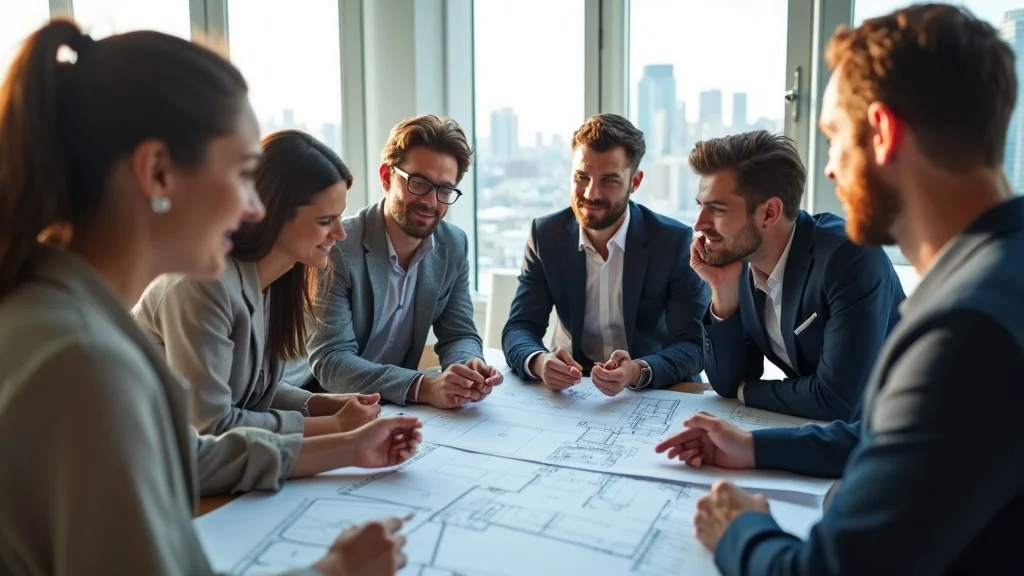 Collaborative team reviewing office space floor plans for tenant improvement in second generation office space