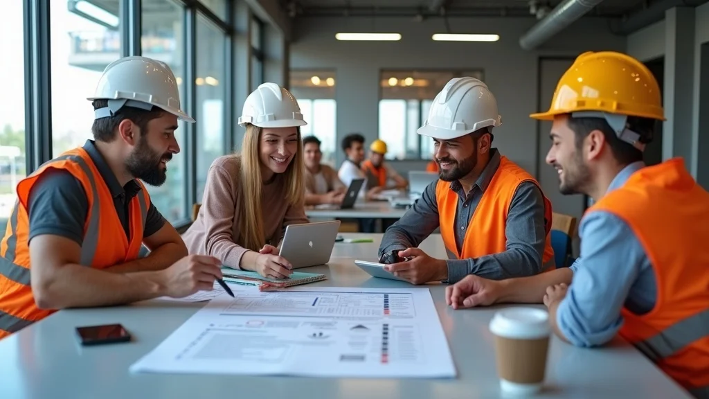 Construction site office with property manager, tenant, general contractor reviewing checklist and timeline; digital checklist, photorealistic, collaboration during permitting process